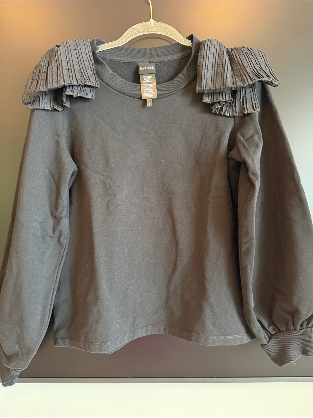Madeline Black Sweatshirt with Pleated Shoulder Ruffles